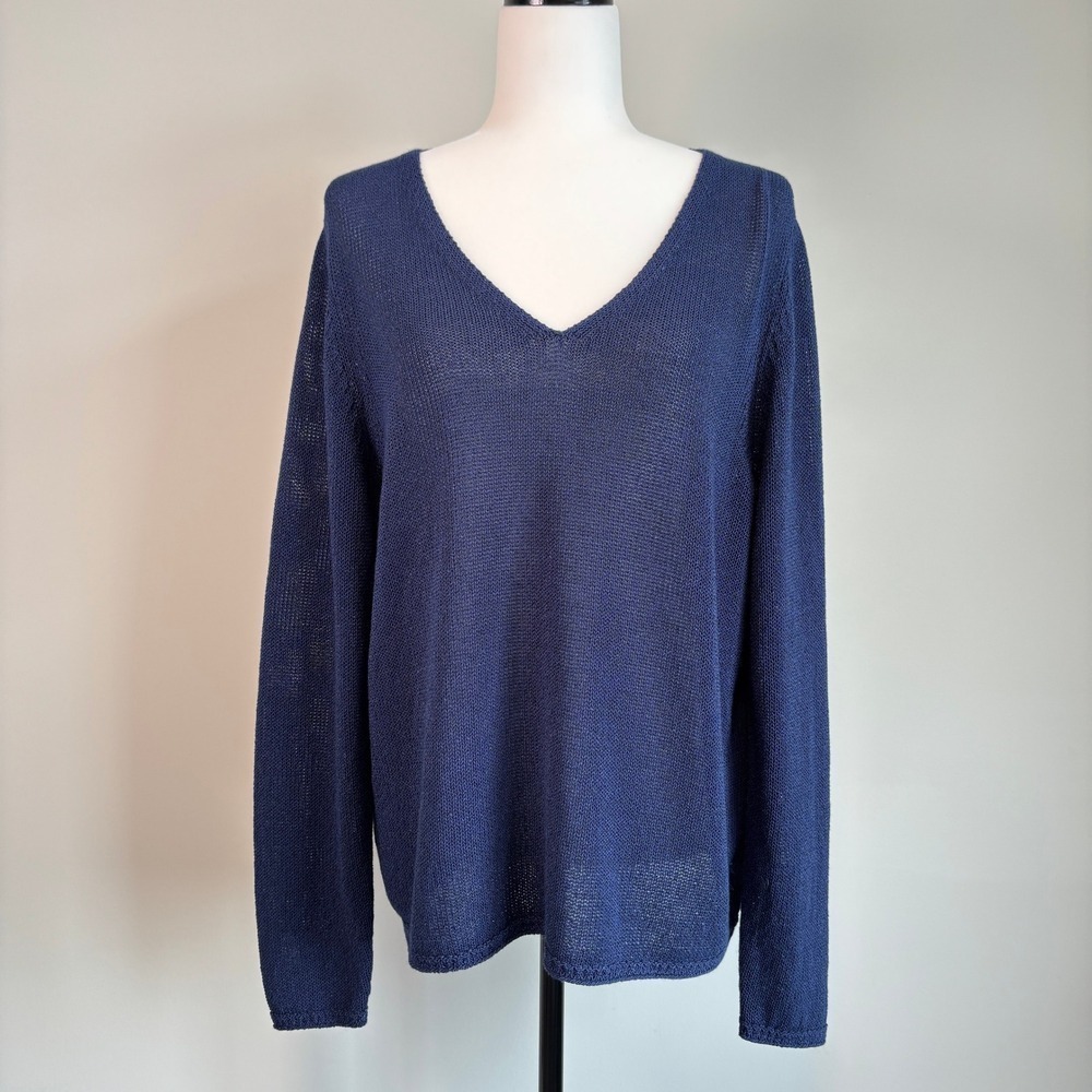 J McLaughlin Open Knit Sweater Oversized V-Neck Quiet Luxury Chic Blue Size L